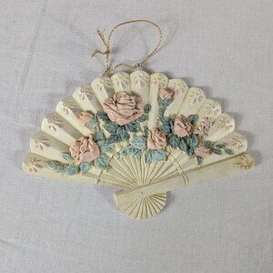 Midwest Imports Victorian Fan Christmas Ornaments Pink Roses Flowers Ivory Green